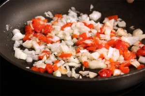 sauteing onions and red peppers